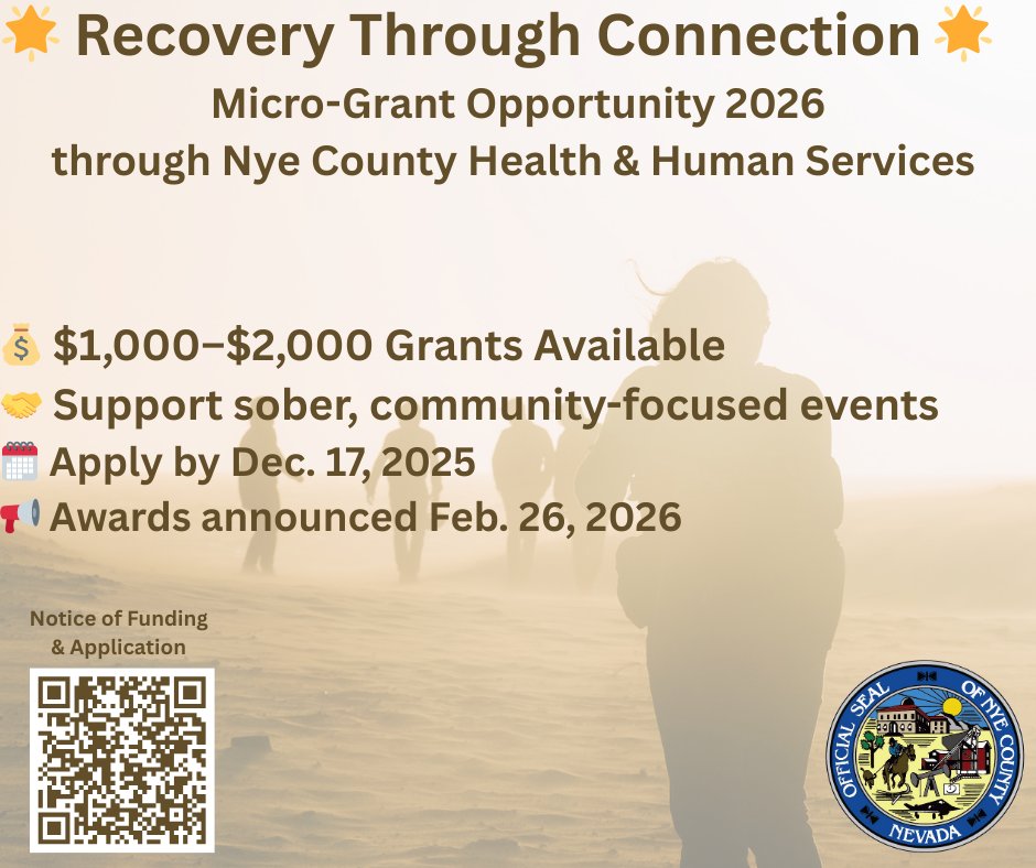 nyecounty's tweet image. 🌟 Nye County HHS announces the Recovery Through Connection Micro-Grant! 🌟
💰 $1K–$2K awards for sober, community-focused events in 2026
🗓️ Apply by Dec. 17, 2025
📢 Awards announced Feb. 26, 2026

👉 Learn more &amp;amp; apply: nyecountynv.gov/CivicAlerts.as…
#NyeCounty #RecoverySupport