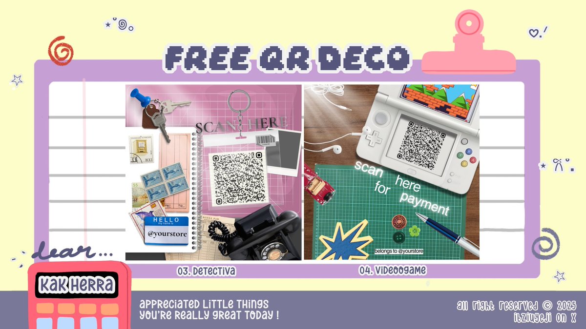 itziuyeji's tweet image. Miji  membawa  4  qr  deco  secara  GRATIS  dalam  rangka  kak @Herradine 🫰🏻👸🏻 ingin  berbagi ‹3  YEY!  

Rules : 
𓂋  doa yang baik-baik utk kaka Herra (dlm hati saja)
🍽  cukup reply code katalog + emoji 
𓈈 cont : 01 notebook 🦀

🥯  #zonauang 26