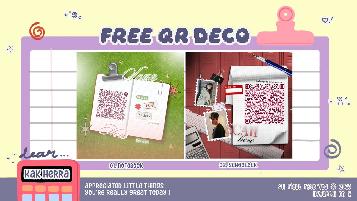 itziuyeji's tweet image. Miji  membawa  4  qr  deco  secara  GRATIS  dalam  rangka  kak @Herradine 🫰🏻👸🏻 ingin  berbagi ‹3  YEY!  

Rules : 
𓂋  doa yang baik-baik utk kaka Herra (dlm hati saja)
🍽  cukup reply code katalog + emoji 
𓈈 cont : 01 notebook 🦀

🥯  #zonauang 26