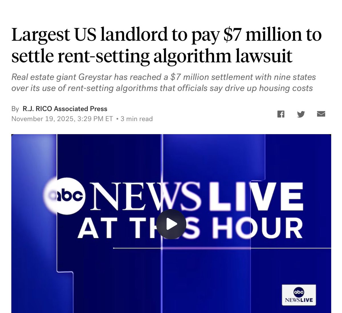 rrrobbberttt's tweet image. Greystar, rental developer on the Main St McDonald’s site, is in the US news. 

It has reached a $7M settlement for using rent-setting algorithm software blamed for driving up housing costs.

abcnews.go.com/Business/wireS…