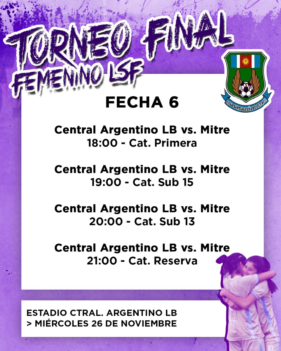 #FemeninoLSF  ⚽️🏃‍♀️ / SE VIENE LA SEXTA FECHA 

Desde este sábado 22/11 el Torneo Final Femenino continuará con el desarrollo de la Fecha 6, bajo la siguiente programación ⬇️