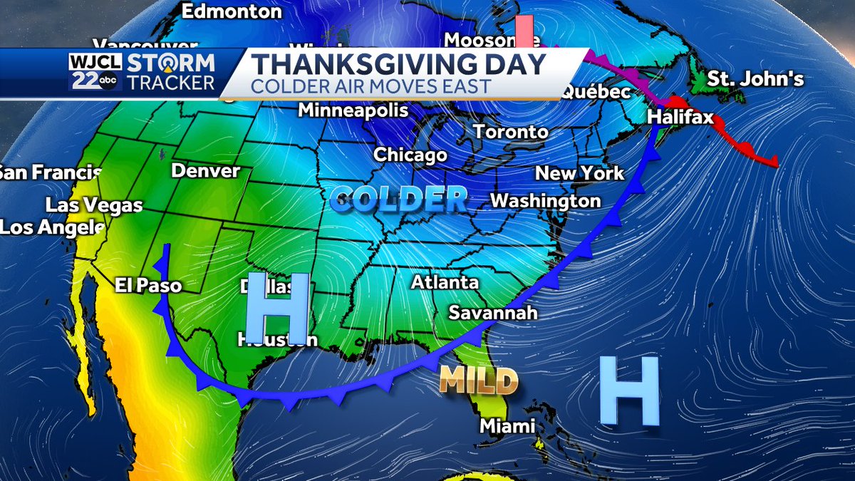 A cold front will swing across the area sometime on or around Thanksgiving Day. A few showers possible near the front. Temperatures look seasonal next Thursday, then turning cooler by Friday-Saturday. #Savannah