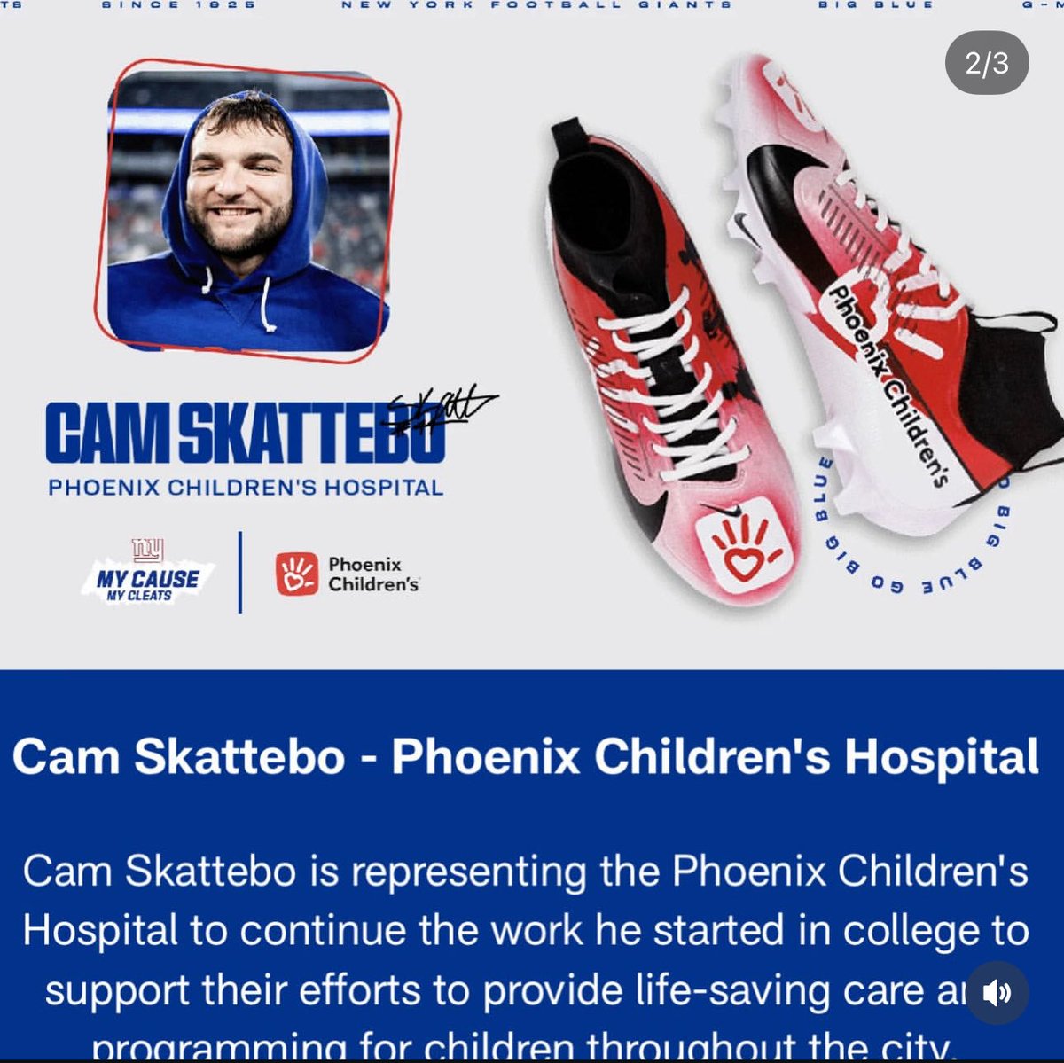 Incredible to see <a href="/camskattebo5/">cameron skattebo</a> represent Phoenix Children’s with his My Cleats, My Cause 🤍❤️ Amazing connection that started at ASU with <a href="/welovecoldbeers/">Cold Beers & Cheeseburgers | AZ</a>! 

Help VOTE for his cleats here!! giants.com/mycausemycleat… 

<a href="/ASUFootball/">Sun Devil Football</a> <a href="/Giants/">New York Giants</a> <a href="/DougTammaro/">Doug Tammaro</a> <a href="/CamCox12/">Cameron Cox</a> <a href="/Blakes_Take2/">Blake Niemann</a>