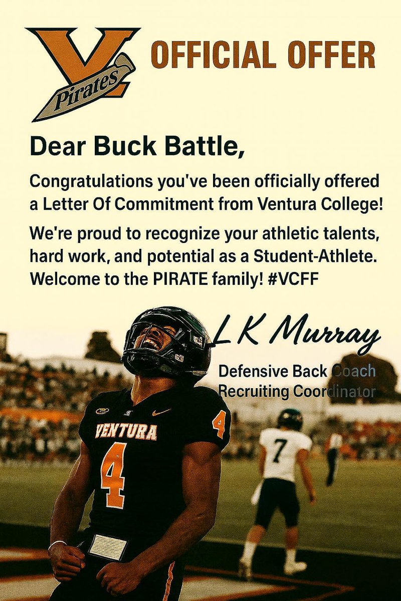 Blessed to receive an offer from Ventura Collage after a great conversation with <a href="/CoachLKMurray/">LaKeith Murray</a> <a href="/CoachDunnDunn/">Coach Dunn</a> <a href="/MikeBennett3610/">Mike Bennett</a> <a href="/Def_Coach/">Gary Cowart</a> <a href="/OC_BrettB/">Brett Bennett</a> <a href="/CoachCanaan/">Franchot Canaan</a>