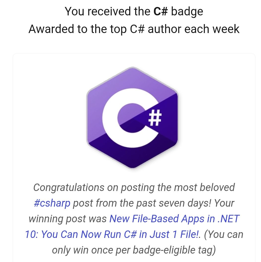 lovelacecoding's tweet image. C# author of the week over at @ThePracticalDev. Let’s go!

Check out my newest post about how .NET 10 now lets you run C# with just one file. No projects or solutions needed.

dev.to/lovelacecoding…