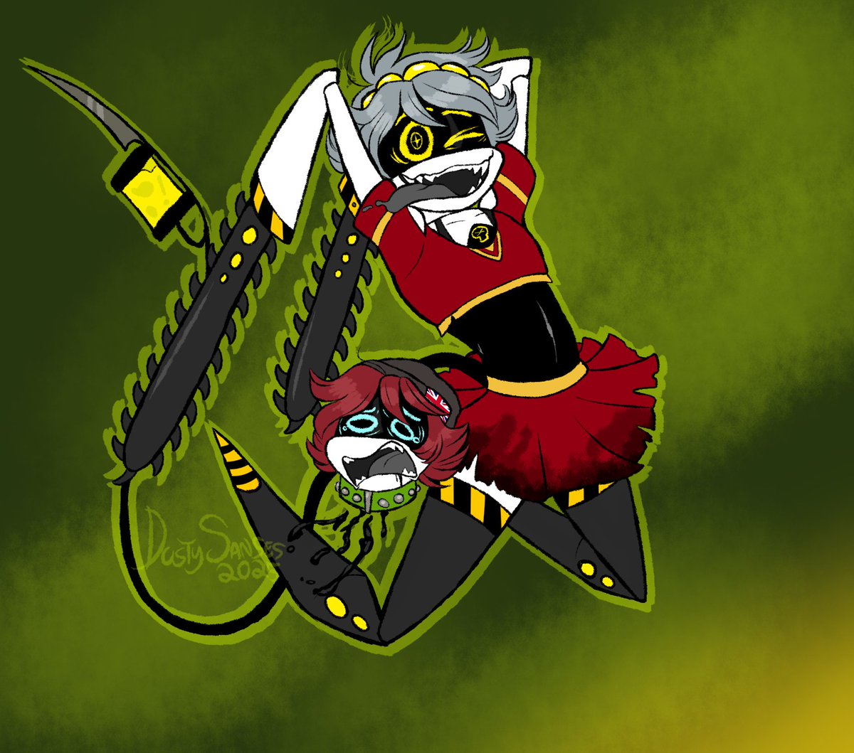 SniperWaffle115's tweet image. I had this idea in my head for a little bit. It&apos;s a Lollipop Chainsaw themed/inspired picture of B in a cheerleader outfit with Jason&apos;s head on his hip!

Art by @DustySanses!

#MurderDrones #MurderDronesOCs #MurderDronesOC