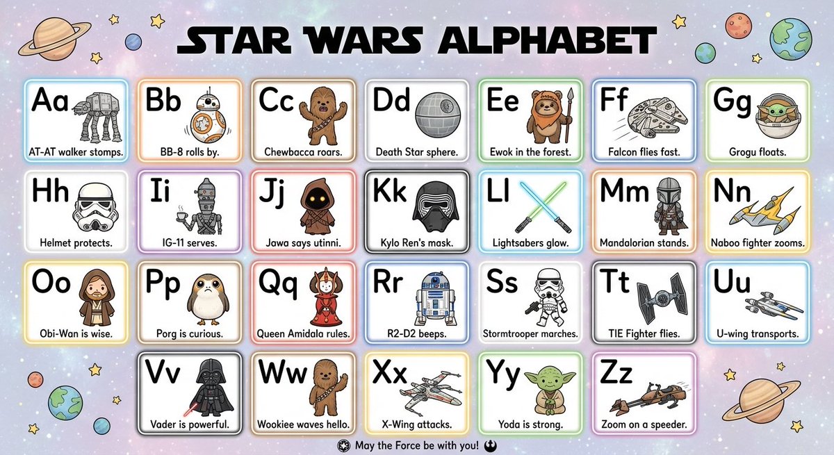 DynamicWebPaige's tweet image. Inspired by @TaliaRinger, powered by @NanoBanana:

Create a detailed poster of the English Alphabet, with each letter shown in capital and lowercase form, with a visual to remember it. The infographic should be ideal for toddlers to learn the alphabet, and should be Star Wars…