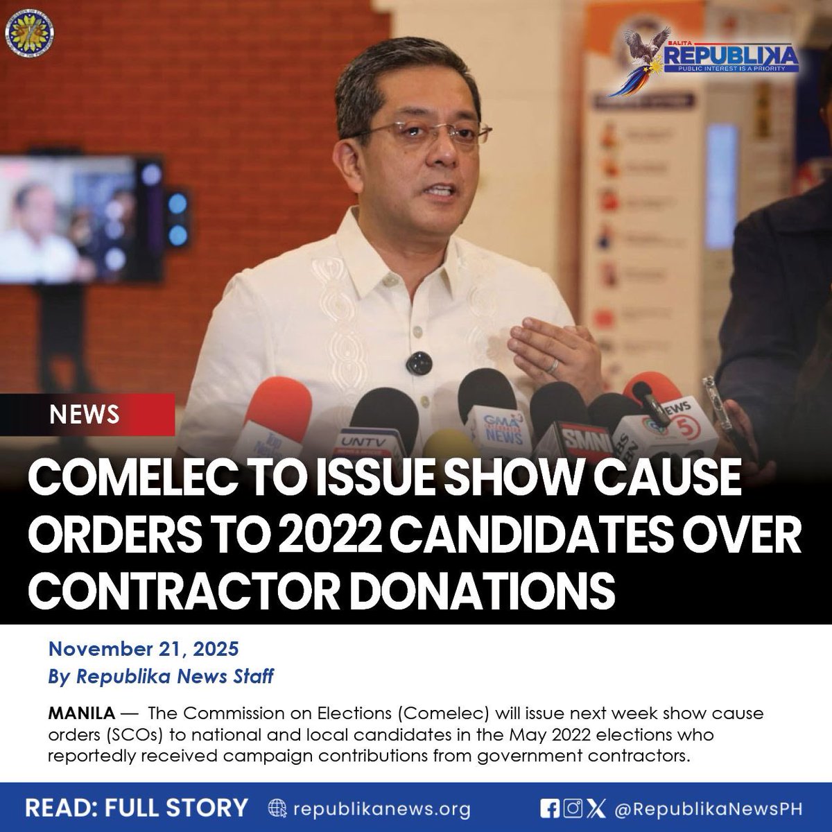 RepublikaNewsPH's tweet image. Comelec Chair George Garcia said the SCOs will give candidates an opportunity to explain their side. #Comelec #May2022 #Elections

READ: republikanews.org/2025/11/21/com…
