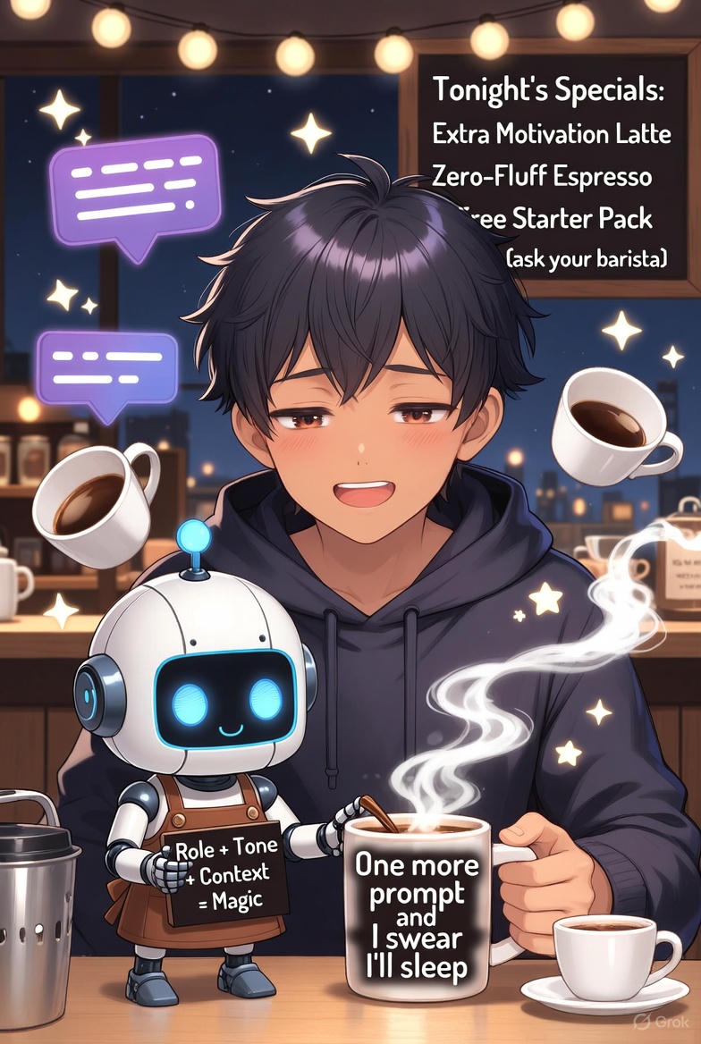 mstables1991's tweet image. Me at 1 AM knowing I should sleep… but one more prompt tweak could change everything ☕

If this is you too, welcome home. Grab my free Starter Pack so tonight actually ships something legendary!

getprompting.com

Drop a ☕ if you’re still up. I see you.