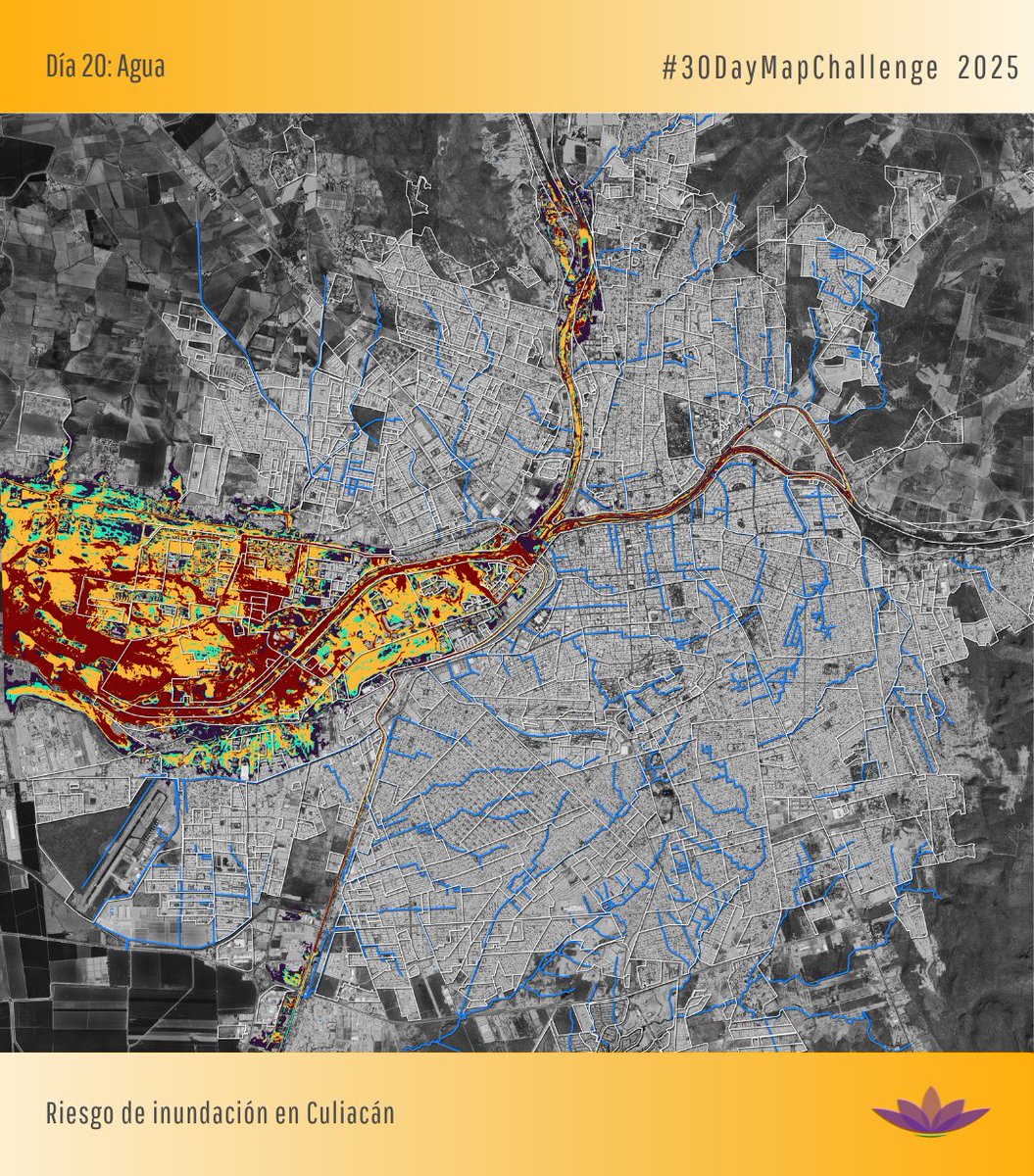 #30DayMapChallenge
Día 20: Agua | Riesgo de inundación en Culiacán

El mapa muestra zonas con alta probabilidad de inundarse.

Caso emblemático: Valle Alto.

Cuando el crecimiento urbano ignora el medio natural, la ciudad paga el costo.