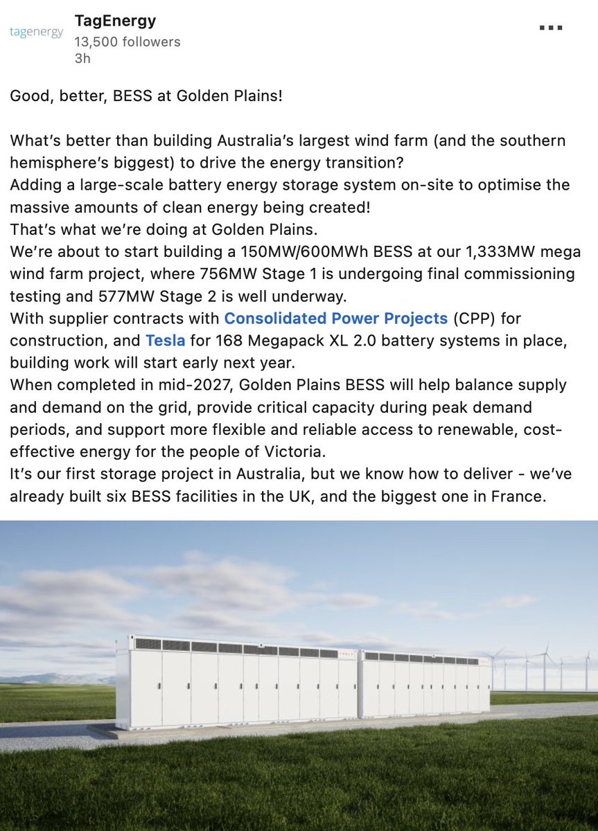 SawyerMerritt's tweet image. NEWS: Tesla has secured a new Megapack order worth $170 million from TagEnergy to build a four-hour big battery next to what will be the biggest wind farm in Australia and the southern hemisphere.

The battery energy storage system will be 150MW/600MWh. The wind and battery…