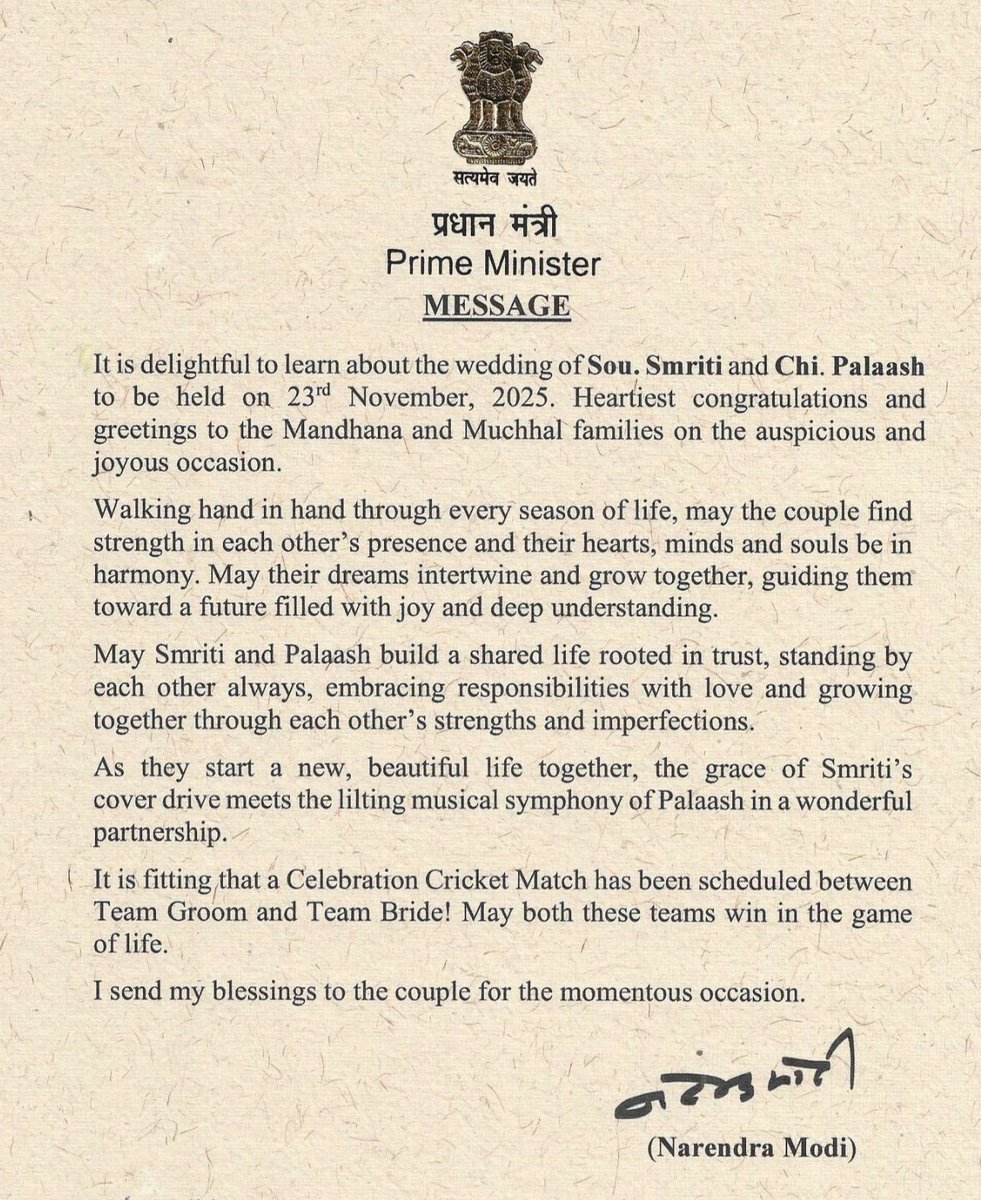 CricCrazyJohns's tweet image. A Special Wish from Prime Minister Narendra Modi to Smriti Mandhana &amp;amp; Palaash for their marriage. ❤️