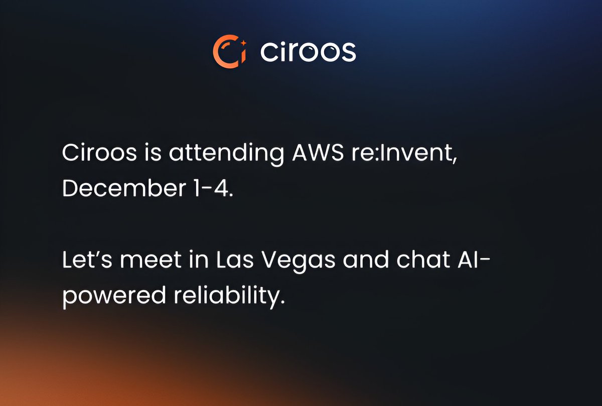 Ciroos is heading to AWS re:Invent 2025!

We'll be in Las Vegas Dec 1–4, meeting with teams who are ready to transform how they approach reliability and production operations.

If reducing human toil, accelerating incident response, or improving system resilience is on your