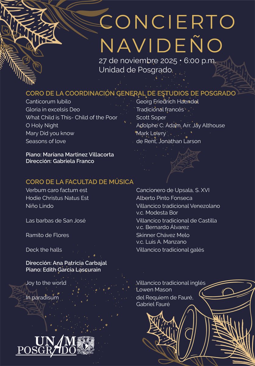 Vive una velada musical llena de armonía y tradición 🎼
Acompáñanos al Concierto Coral 2025 con un repertorio especial interpretado por destacados coros universitarios 🎤
📅 27 de noviembre
🕕 6:00 p.m.
📍 Unidad de Posgrado

¡No te lo pierdas! 🌟🎵