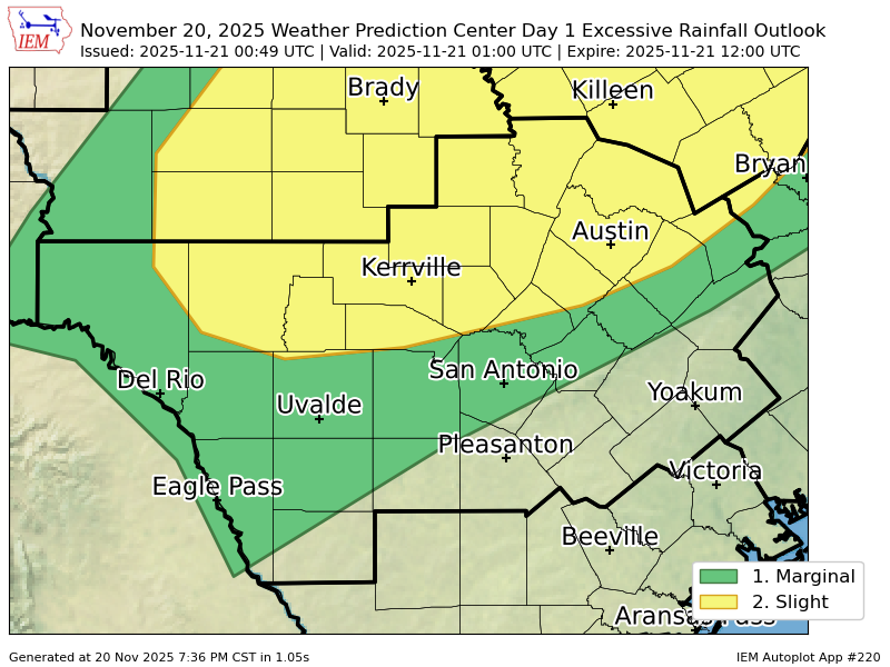 ScannerAtx's tweet image. WPC issues Day 1 Slight Risk Excessive Rainfall Outlook at Nov 21, 0:49z for EWX wpc.ncep.noaa.gov/qpf/excessive_…