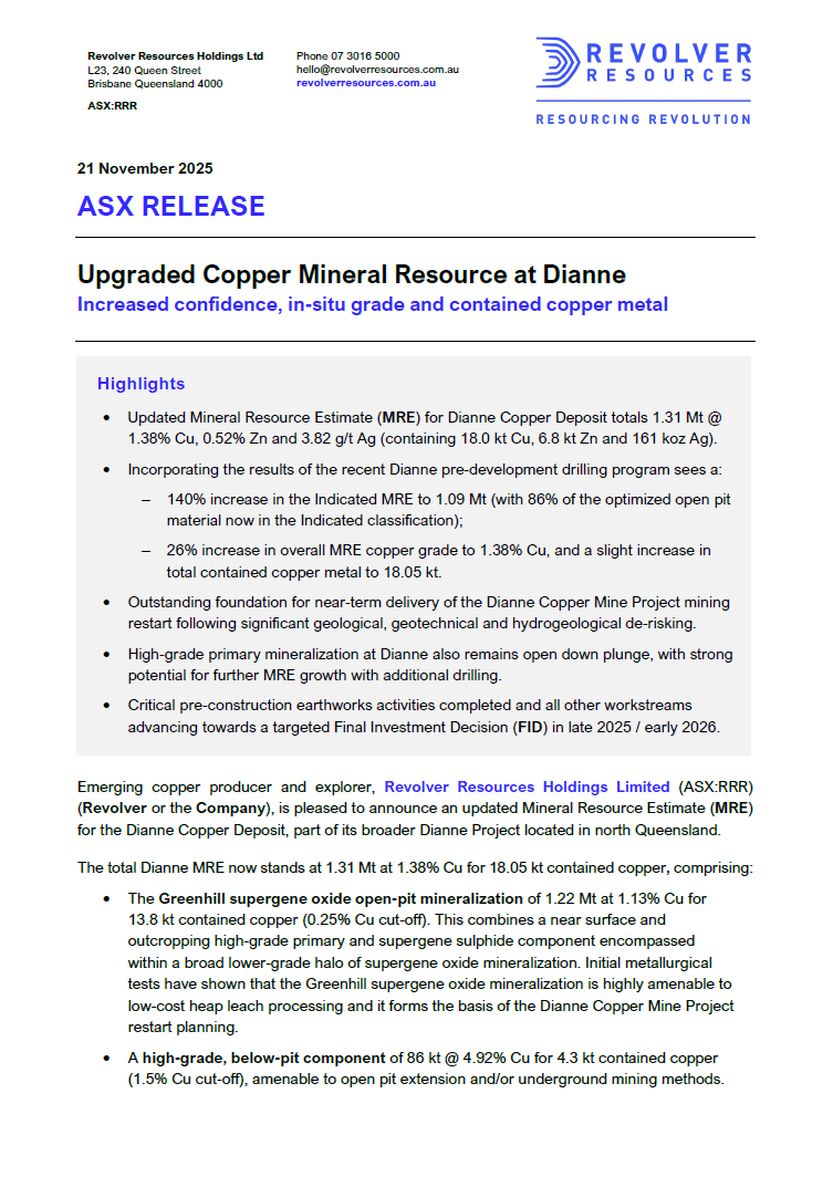Revolver $RRR has released an upgraded MRE for the Dianne Copper Deposit: 1.31 Mt @ 1.38% Cu for 18 kt Cu, including a 140% increase in Indicated material following recent drilling. The update strengthens the foundation for the planned mine restart: bit.ly/3M0cckZ