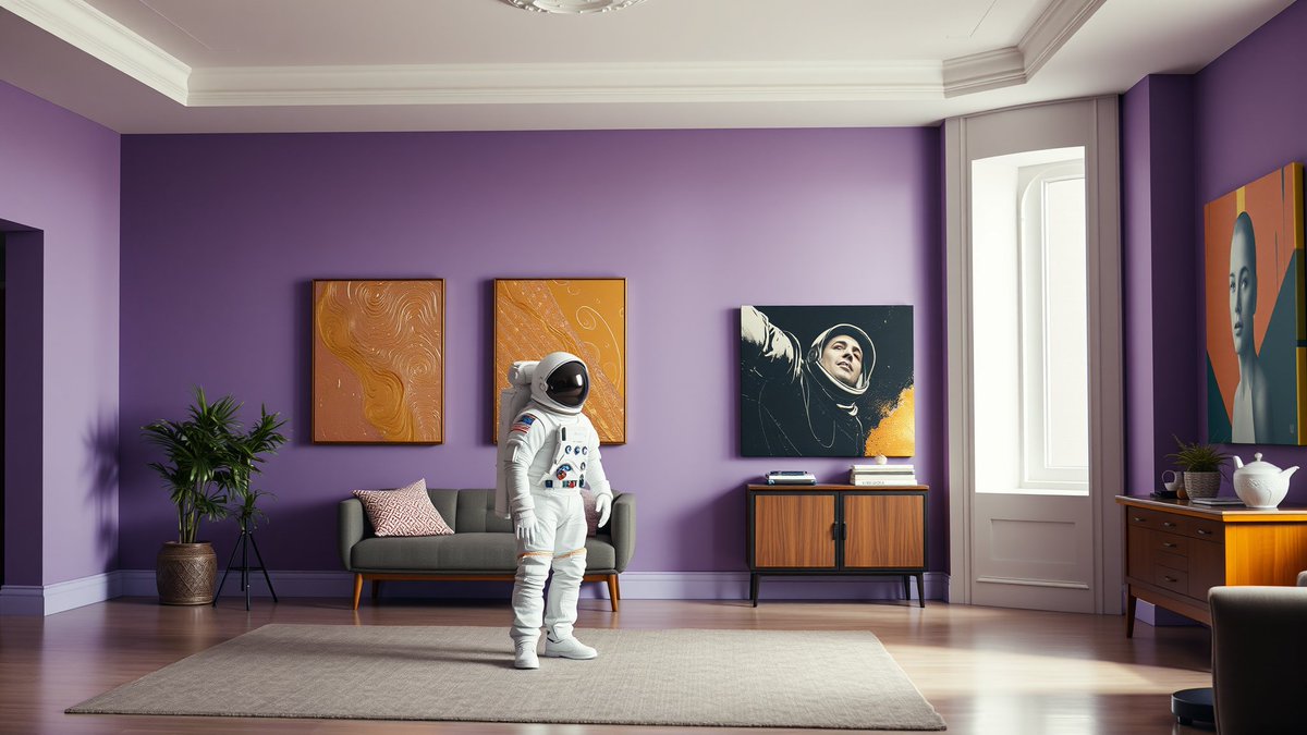 미래지향적 AI 테마를 상징하는 보라색 방 속 우주비행사
