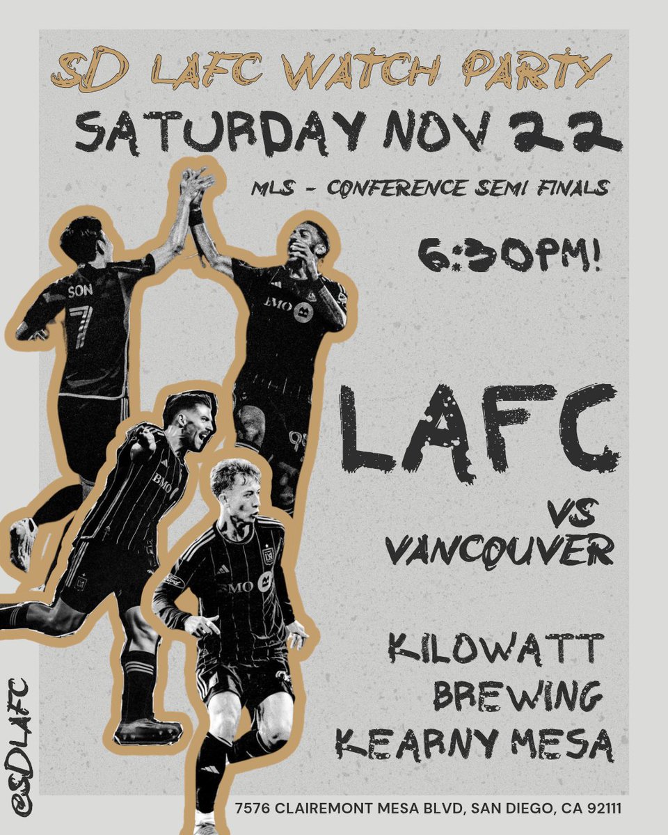 Conference Semi Finals!!! Come to <a href="/kilowattbeer/">Kilowatt Brewing</a> in Kearny Mesa on Saturday Nov 22nd to cheer on the #BlackandGold as they take on Vancouver in Canada! 6:30pm ⚽️😎
#LAFC #lafc3252