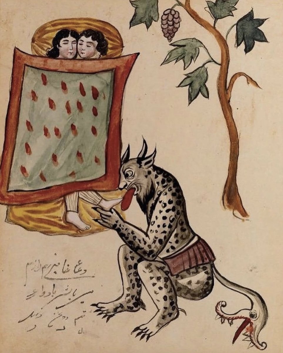 timecaptales's tweet image. Toe-licking demon, circa 1921.

This is one of many demonic entities found lurking in a Persian manuscript on magic and astrology from Isfahan, Iran. This specific demonic entity is known as a Palis, a vampiric creature from Arabic and Persian folklore said to wander the desert…