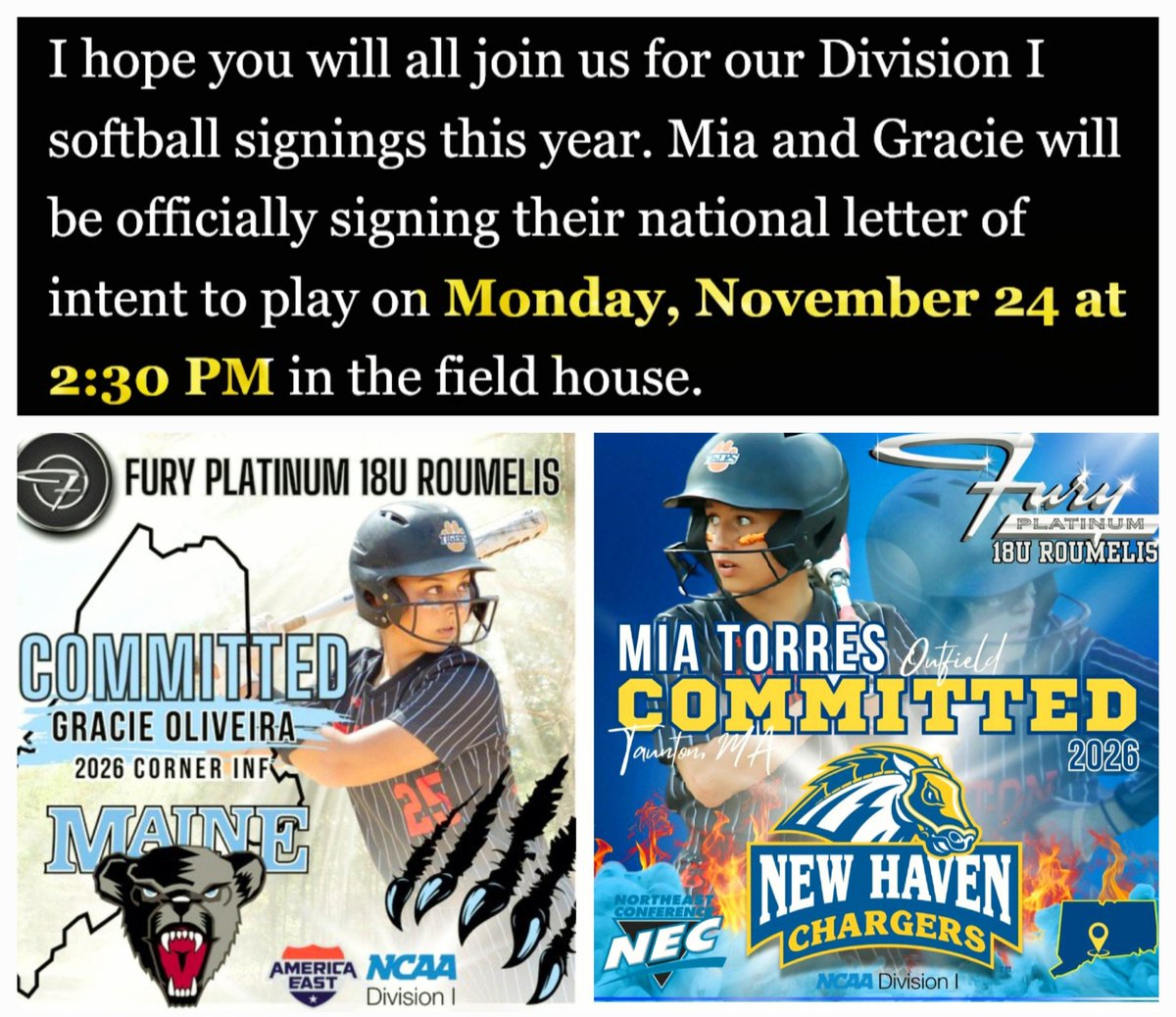 THSCoachFox's tweet image. CALLING on YOU, 🐯 Nation!! Let&apos;s flood the field house to support @gracieoliveira2 &amp;amp; @MiaRTorres next Monday!! @softballtaunton @ThsWebmaster @JHarrisonTHS @thstvstudio @CamMerritt_News @WBNewsFacts @THSstrength  @Taunton_Schools @FPNE18URoumelis