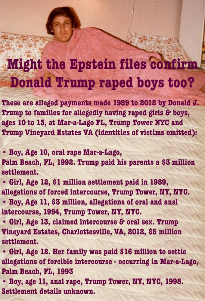 <a href="/rfww11/">Rob Whitlock</a> <a href="/RyanShead/">Ryan Shead</a> <a href="/DC_Draino/">DC_Draino</a> Should this be an issue for Trump, really? If he’s so inclined, consensual sex with adult males is perfectly legal.
But if Donald raped girls—as uncontested court documents and victim testimony allege he did—can it go worse for him that he also raped boys? It should be no worse.