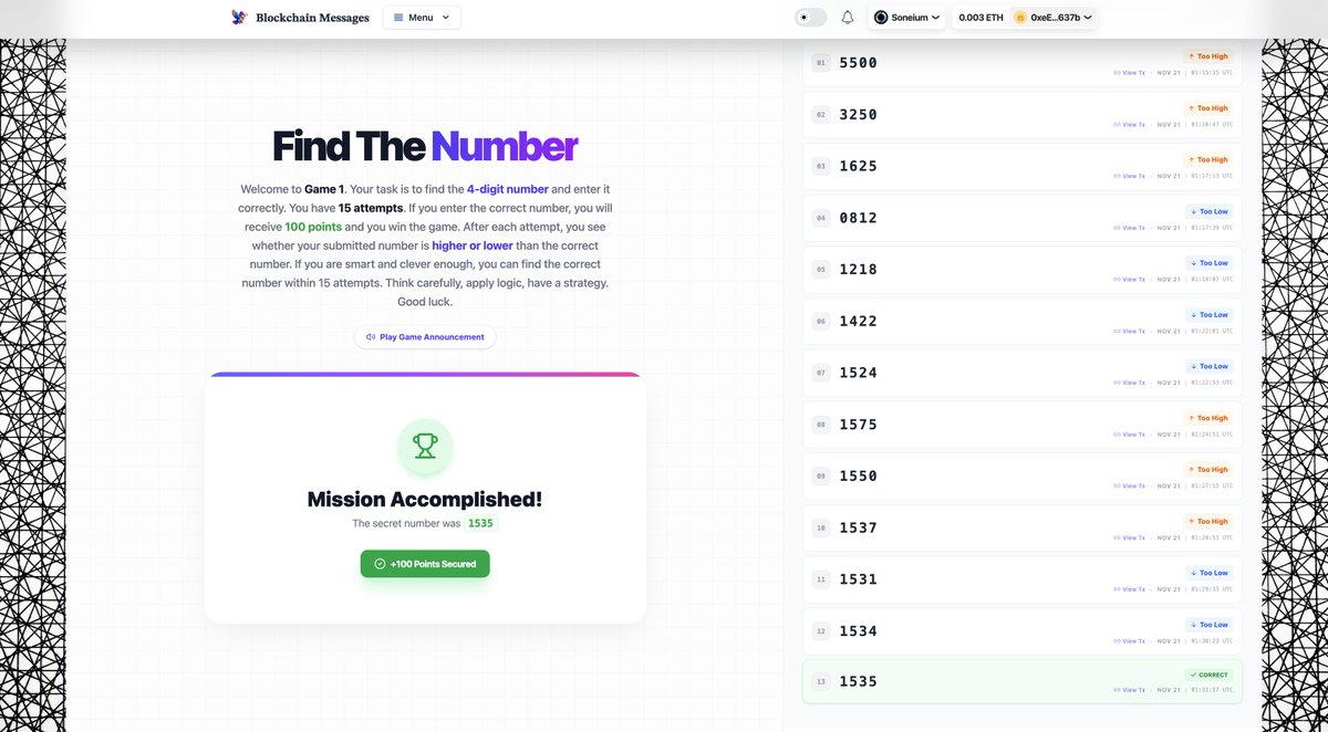 📀𝐒𝐨𝐧𝐞𝐢𝐮𝐦 𝐒𝐞𝐚𝐬𝐨𝐧 𝟒: 𝐅𝐢𝐫𝐬𝐭 𝐭𝐚𝐬𝐤 𝐢𝐧 𝐁𝐥𝐨𝐜𝐤𝐜𝐡𝐚𝐢𝐧 𝐆𝐚𝐦𝐞𝐬: 𝐠𝐮𝐞𝐬𝐬 𝐚 𝐧𝐮𝐦𝐛𝐞𝐫 𝐛𝐞𝐭𝐰𝐞𝐞𝐧 𝟎 – 𝟗𝟗𝟗𝟗! 𝐆𝐔𝐈𝐃𝐄🎮

🔗Start here: blockchainmessages.xyz/blockchain-gam…

✅We were given 15 attempts, but using a simple yet powerful method called