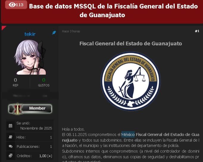debugsec1337's tweet image. 🔥El grupo de cibercriminales “Tekir APT” filtraron la información de la @FGEGUANAJUATO publicaron una muestra con un archivo de más de 10 GB comprimidos que incluye tomas de cámaras de seguridad y hasta evidencia del compromiso de sus sistemas 🎩🇲🇽 #hacking #hackers #Guanajuato
