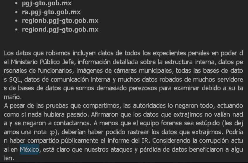 debugsec1337's tweet image. 🔥El grupo de cibercriminales “Tekir APT” filtraron la información de la @FGEGUANAJUATO publicaron una muestra con un archivo de más de 10 GB comprimidos que incluye tomas de cámaras de seguridad y hasta evidencia del compromiso de sus sistemas 🎩🇲🇽 #hacking #hackers #Guanajuato