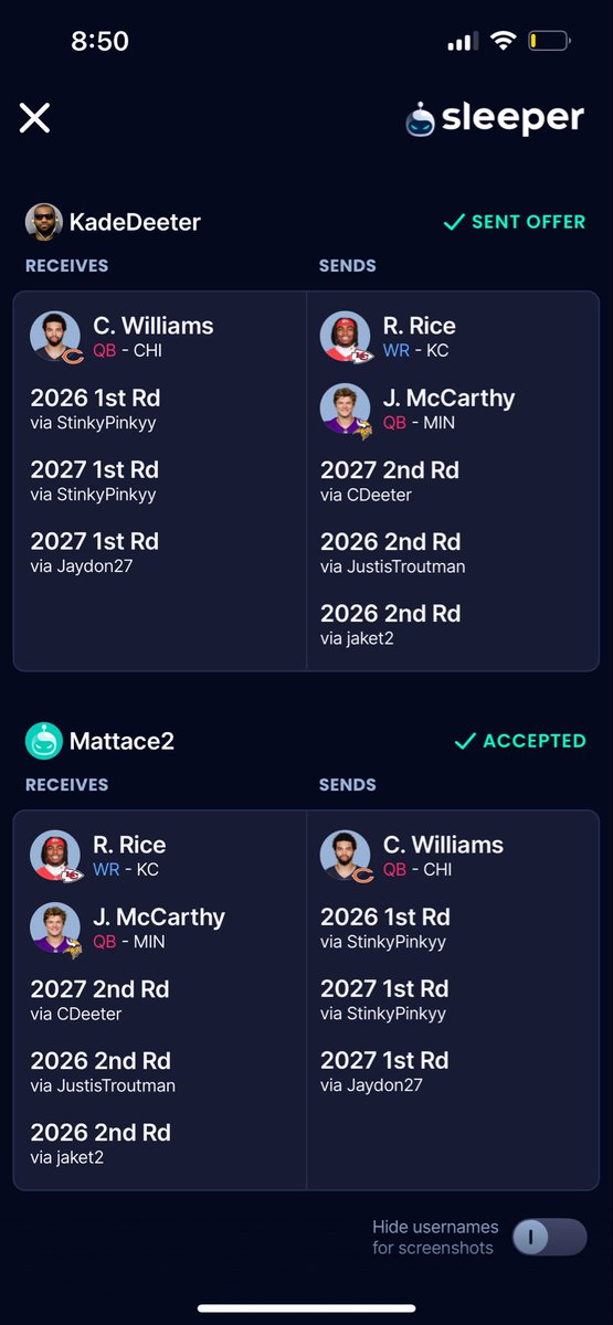 DeeterKade's tweet photo. @DynastyZoltanFF Thoughts on this trade I made? 1st are projected late 2026, mid 2027, and late 2027. https://t.co/ZcwUJLJIsT