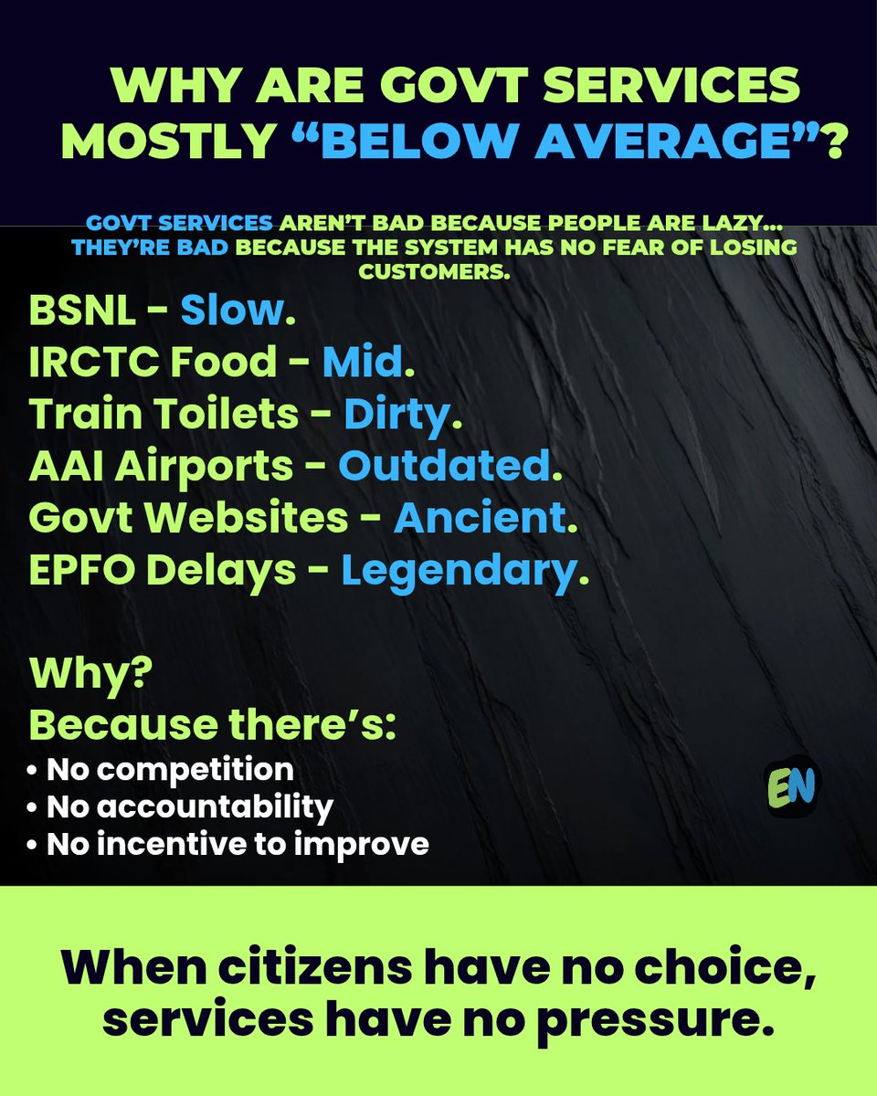 econet0's tweet image. Govt services aren’t “bad”… they’re just too comfortable being average.

No competition = No pressure. No pressure = No improvement.

#GovtServices #SystemReform #PublicServices #IndiaIssues #AccountabilityNeeded #news #NewsUpdate #fbpost #fblifestyle