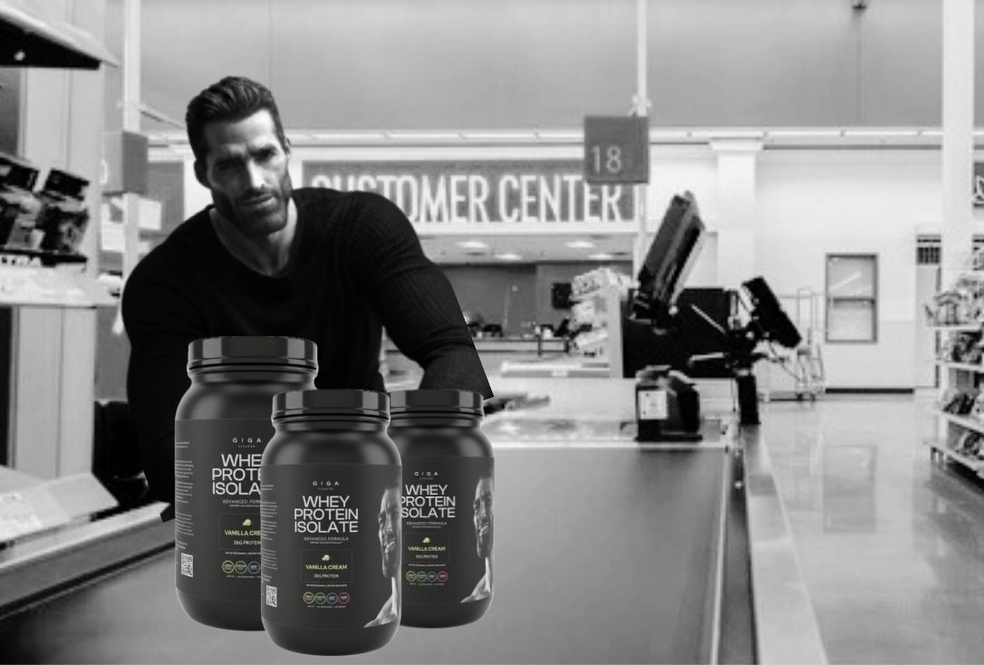 Walmart 매장에 진열된 GIGA 유청 단백질 아이솔레이트 제품