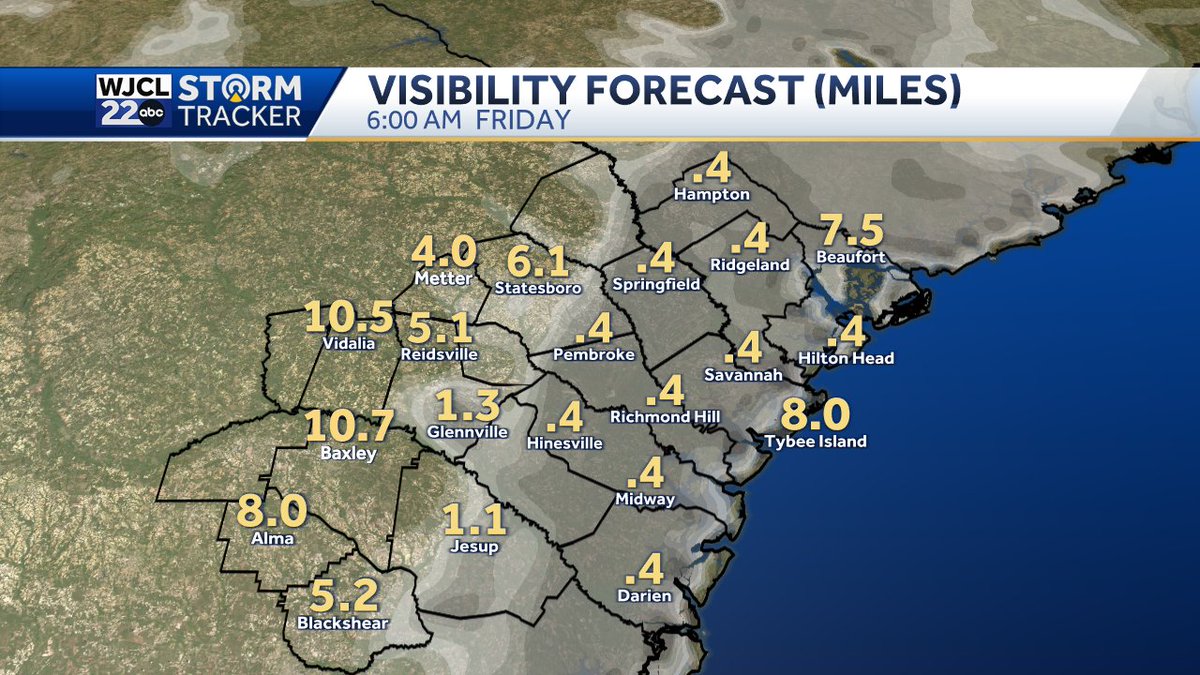 Fog is likely out the door Friday. Fog should lift around 8-10am. Visibility may drop below 0.5 mile. #Savannah