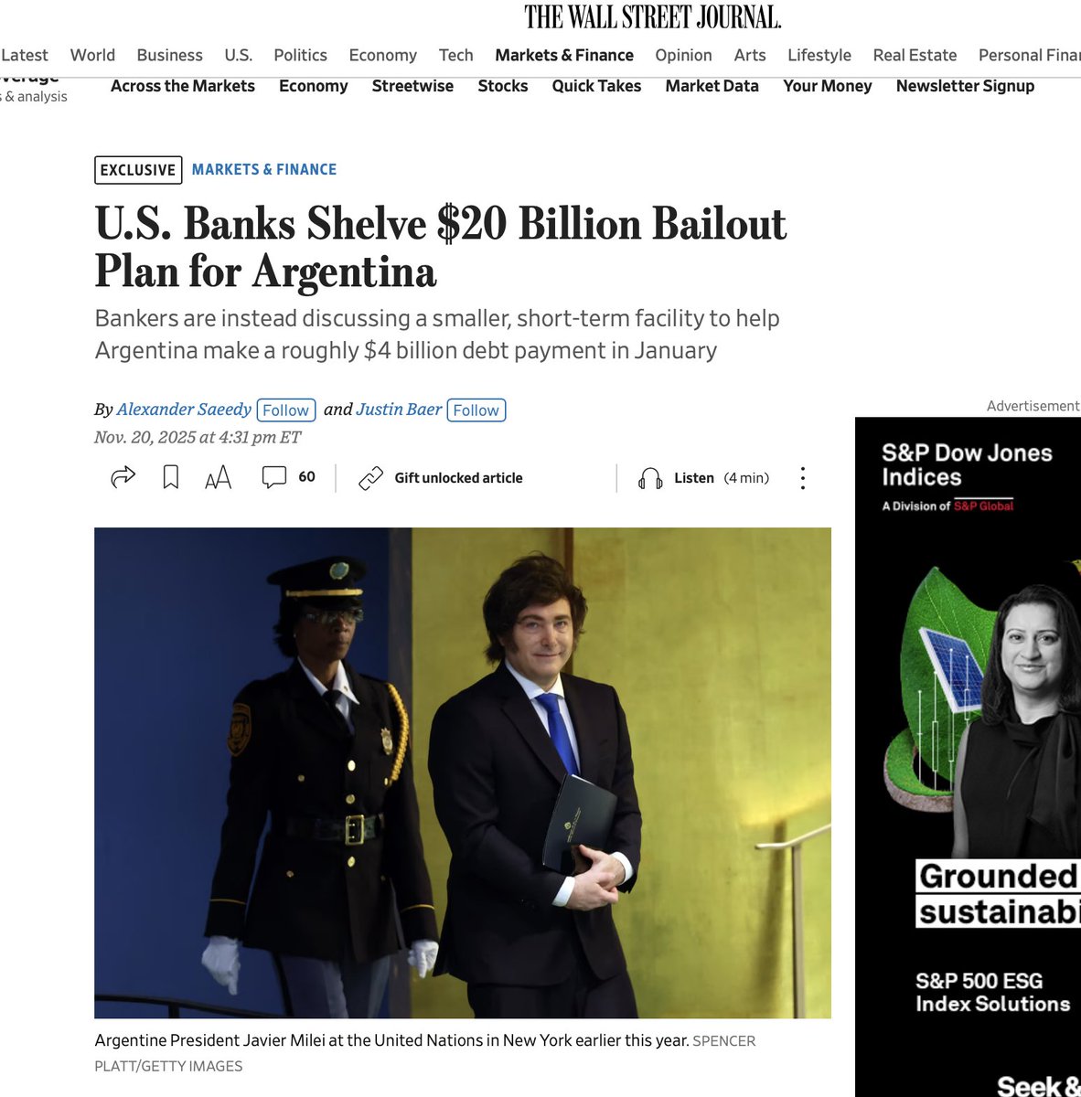 El Wall Street Journal informa que no prosperó la negociación para que un grupo de bancos le presté 20 mil millones de dólares a la Argentina por falta de acuerdo sobre garantías. Ahora están viendo si prestan aunque sea 4 mil millones para cubrir vencimiento de deuda de enero.