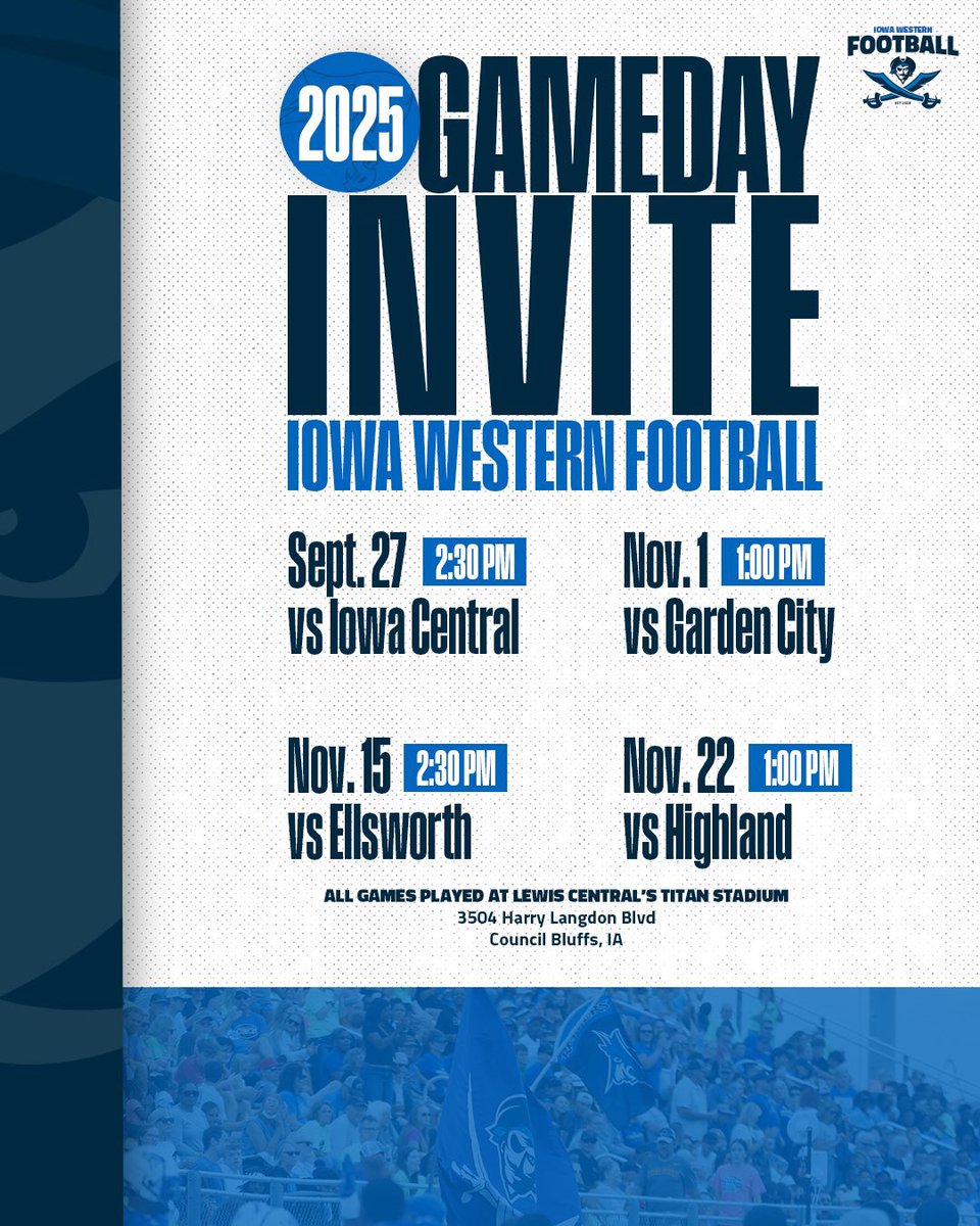 I will be at <a href="/ReiverFootball/">IWCC Reiver Football</a> this weekend for their last home game of the season. I look forward to meeting <a href="/Coach_KD75/">Kendrick Davis</a>, <a href="/CoachAaronTerry/">Aaron Terry</a>, <a href="/CoachStrohmeier/">Scott Strohmeier</a> and the rest of the staff. 
#SailsUp 🏴‍☠️ | <a href="/GoReivers/">Iowa Western Reivers</a> #IWCC
<a href="/CoachMJones91/">Coach Jones</a> <a href="/Coach_Saut3r/">⚡️🄼🄰🅃🅃 🅂🄰🅄🅃🄴🅁⚡️</a> 

<a href="/AllenTrieu/">Allen Trieu</a> <a href="/alex_pallone/">Alex Pallone</a>