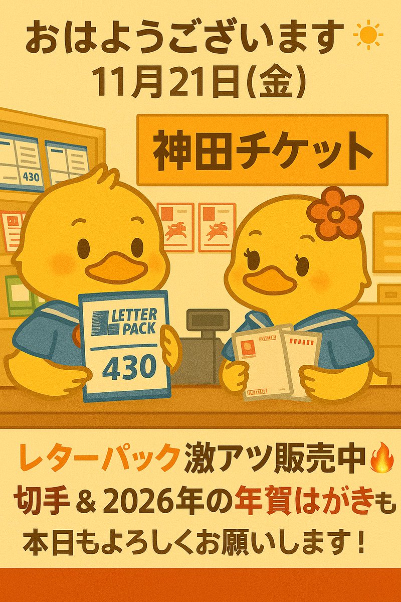 kanda_ticket's tweet image. おはようございます☀️
11月21日(金)✨
神田チケットは今日も元気に営業中！
レターパック販売中📮
切手 &amp;amp; 2026年の年賀はがきもご用意しています💌
本日もよろしくお願いします！

#神田チケット #レターパック #切手 #年賀はがき #神田駅東口 #チケットショップ