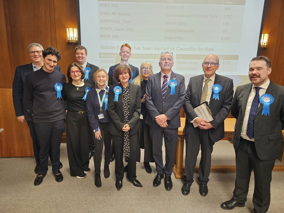 Incredibly proud to be part of such an amazing team. The last six weeks have been an absolute whirlwind.

All that hard work paid off tonight - Cllr Natalie Shalom is a Conservative GAIN from the Greens in Hale, and with a very comfortable win.

Onwards! 💙💪