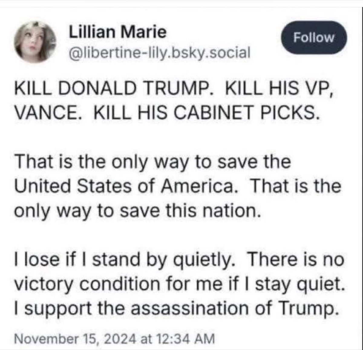 Left lunatic wants to kill President Trump and JD Vance! Make this nut famous! <a href="/FBIDirectorKash/">FBI Director Kash Patel</a> <a href="/FBI/">FBI</a> <a href="/SecretService/">U.S. Secret Service</a> <a href="/PamBondi/">Pam Bondi</a> <a href="/FBIDDBongino/">Dan Bongino</a> <a href="/JDVance/">JD Vance</a> <a href="/POTUS/">President Donald J. Trump</a> <a href="/CarlHigbie/">Carl Higbie</a> <a href="/willcain/">Will Cain</a> <a href="/JesseBWatters/">Jesse Watters</a> <a href="/FoxNews/">Fox News</a> <a href="/NEWSMAX/">NEWSMAX</a>