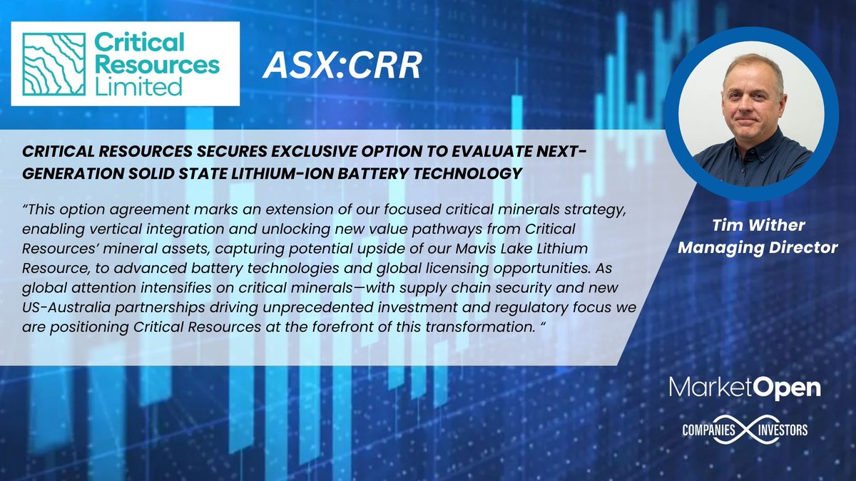 MarketOpenAUS's tweet image. $CRR Critical Resources highlights its exclusive option to evaluate South Dakota School of Mines and Technology solid state lithium ion battery technology as a pathway from its lithium assets into advanced energy storage solutions.

@Critical_CRR @Stew_Walters 

#ASXCRR #Lithium…