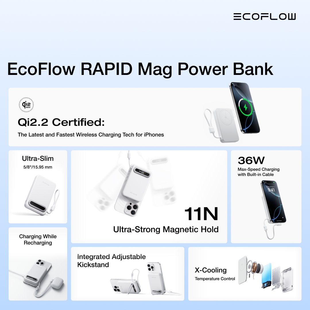 EcoFlowTech's tweet image. 1-min overview of the new #EcoFlowRAPIDMag.

💬 Which feature impress you most?
1️⃣ Qi2.2 Certified
2️⃣ 11N Strong Magnets
3️⃣ Ultra Slim
4️⃣ 36W Wired Charging
5️⃣ Charging While Recharging
6️⃣ Integrated Kickstand
7️⃣ X-Cooling Tech

👉 Get 5% off code: 25EFSM3C

#ItIsRAPID #InAnyCase…