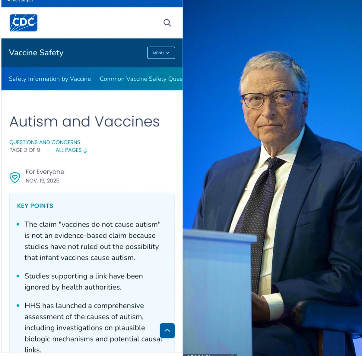 liz_churchill10's tweet image. The truth is out. 
Bill Gates is a Liar. 

“The claim ‘vaccines do not cause autism’ is not an evidence-based claim because studies have not ruled out the possibility that infant vaccines cause autism. Studies supporting a link have been ignored by Health Authorities…” -The CDC