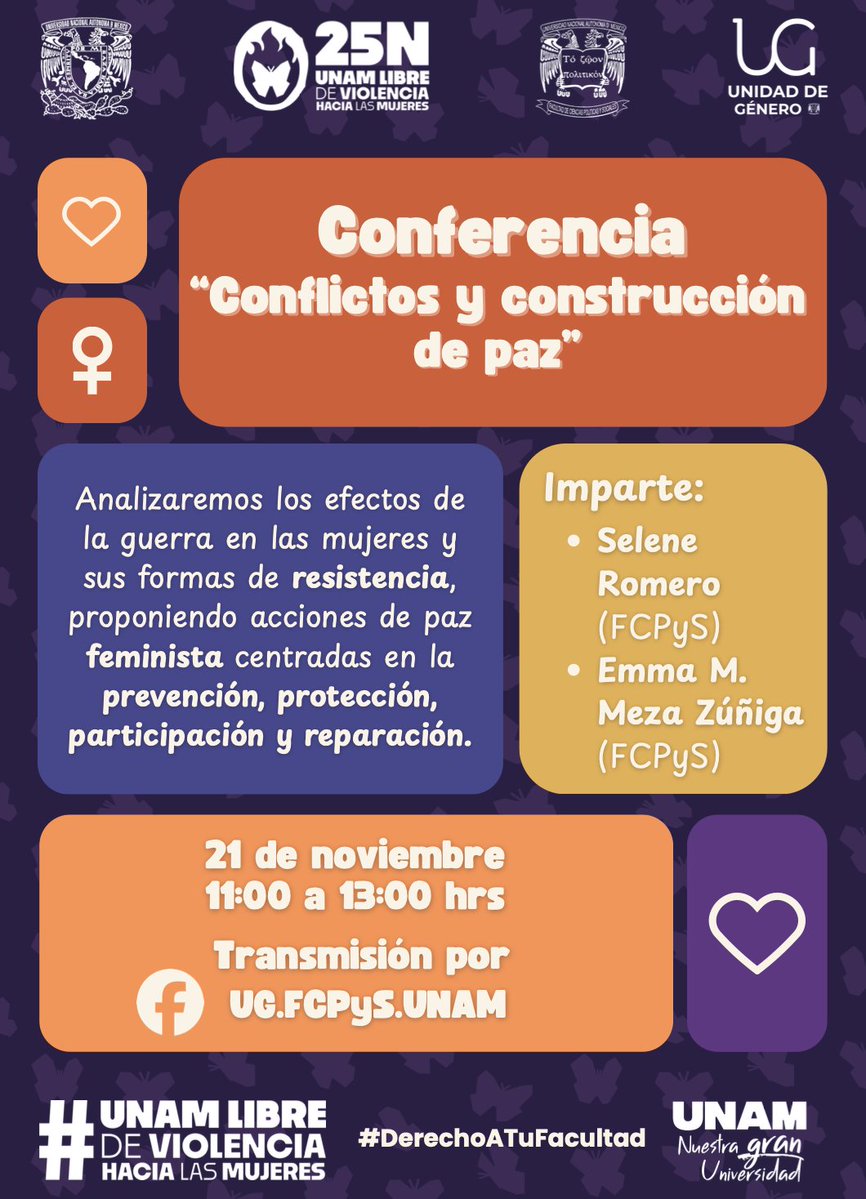 UNAM_FCPyS's tweet image. 🔸No te pierdas las actividades que preparamos para conmemorar el #25N🔸

🎙️Conferencias | 🧩 Talleres | 💬 Conversatorios | 📲 Campañas digitales y más

¡Súmate!

#25noviembredíainternacionalcontralaviolenciahacialamujer #UNAMLibredeViolenciaHaciaLasMujeres #DerechoATuFacultad💜
