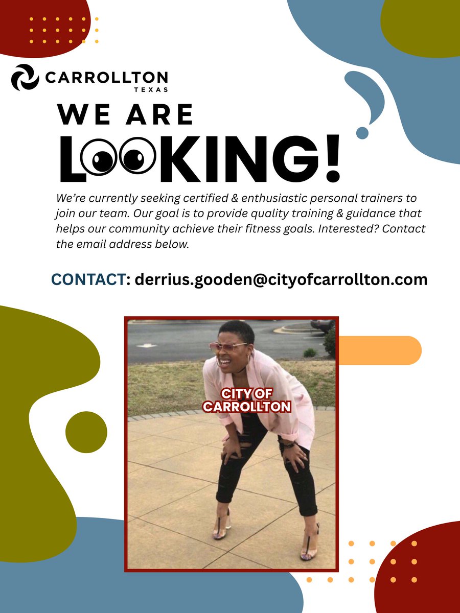 CarrolltonParks's tweet image. If you love helping others reach their goals, creating dynamic workouts, &amp;amp; building a strong community of health &amp;amp; wellness, we want to hear from you! 💪
#carrolltontx #personaltrainers #recreationcenters