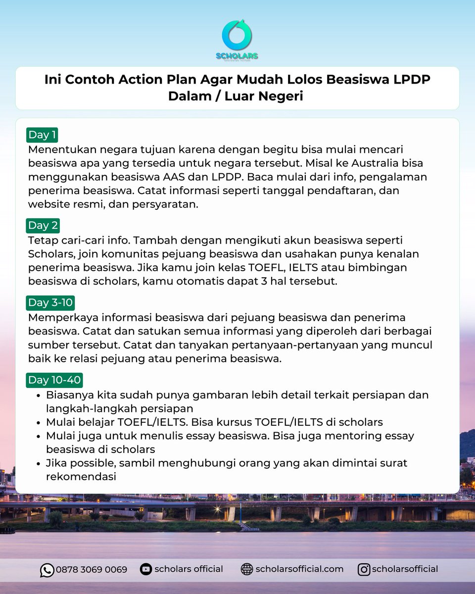 scholars_ig's tweet photo. Mau Lolos Beasiswa LPDP 2026?
Ini dia action plan &amp; target yang sudah terbukti bantu banyak pejuang LPDP tembus seleksi.
Persiapkan dari sekarang, karena LPDP diprediksi buka Januari–Februari 2026. Gaskeun sebelum telat!

#beasiswalpdp #lpdp2026 #persiapanlpdp #kelasbeasiswa https://t.co/nHQPZhoWph