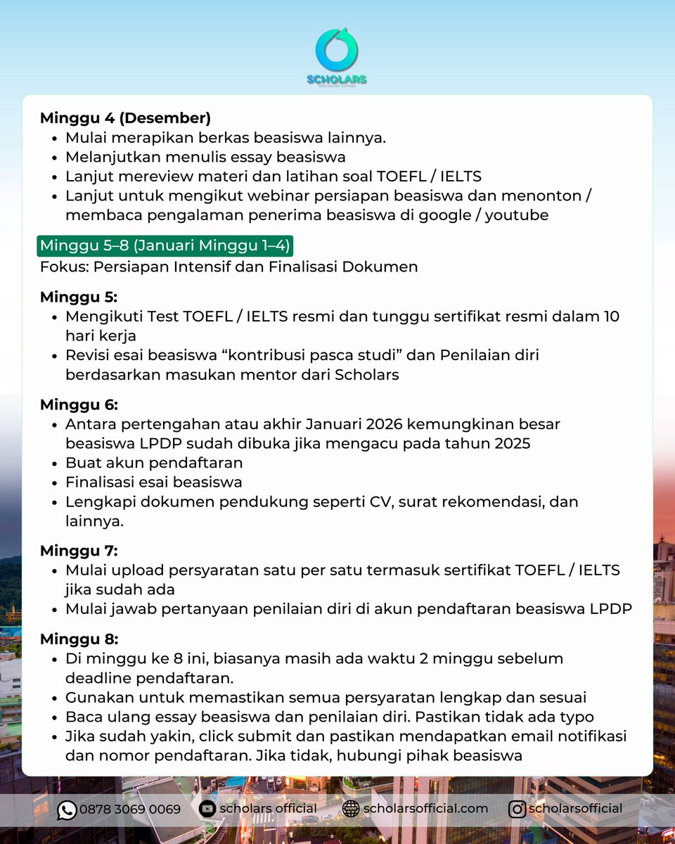 scholars_ig's tweet photo. Mau Lolos Beasiswa LPDP 2026?
Ini dia action plan &amp; target yang sudah terbukti bantu banyak pejuang LPDP tembus seleksi.
Persiapkan dari sekarang, karena LPDP diprediksi buka Januari–Februari 2026. Gaskeun sebelum telat!

#beasiswalpdp #lpdp2026 #persiapanlpdp #kelasbeasiswa https://t.co/nHQPZhoWph
