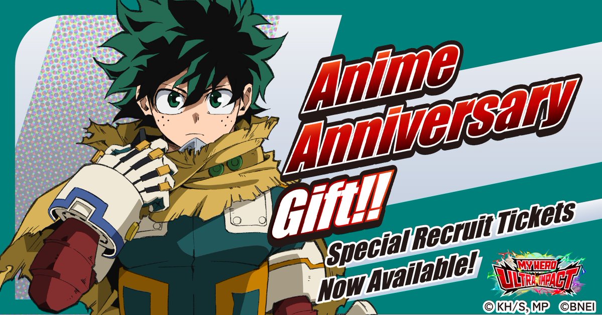 MyHeroUI's tweet image. [TV Anime Release Celebration Gift!]

＼Every Saturday is #MyHeroAcademia Day／

You can get the following gift just by logging into #MHUI!

◆TV Anime Release Celebration Recruit Ticket x5◆

Check it out now!

Deadline for claiming: ~11/29 23:59 JST
#MyHeroUltraImpact