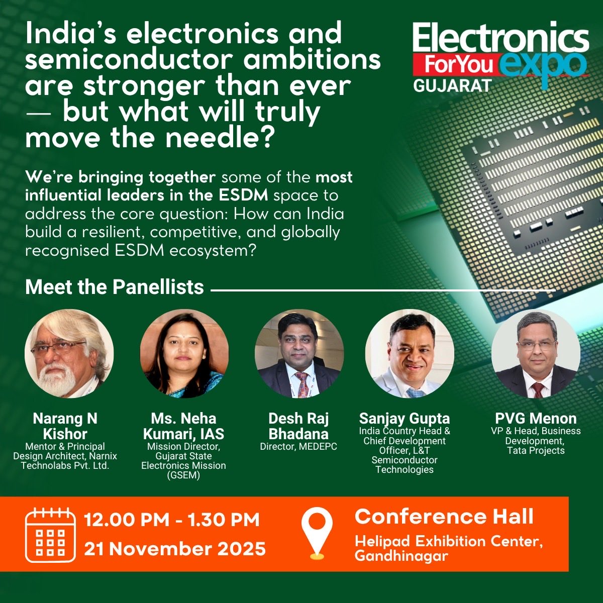 narnix's tweet photo. Today, all roads lead to the Electronics For You Gujarat Expo Helipad Exhibition Ground, Gandhinagar… Come &amp; join me in the Keynote Panel Discussion that I am moderating on “India’s ESDM Ecosystem: Charting the Path Towards Global Leadership… https://t.co/FMDZLvE6WP