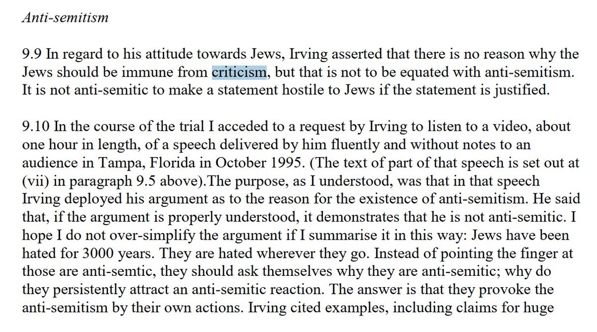 From the David Irving trial judgement: "Irving asserts that criticism of Jews isn't antisemitic".

Sound familiar <a href="/adam_louis52328/">Adam Louis-Klein</a>  <a href="/EinatWilf/">Dr. Einat Wilf</a> ?