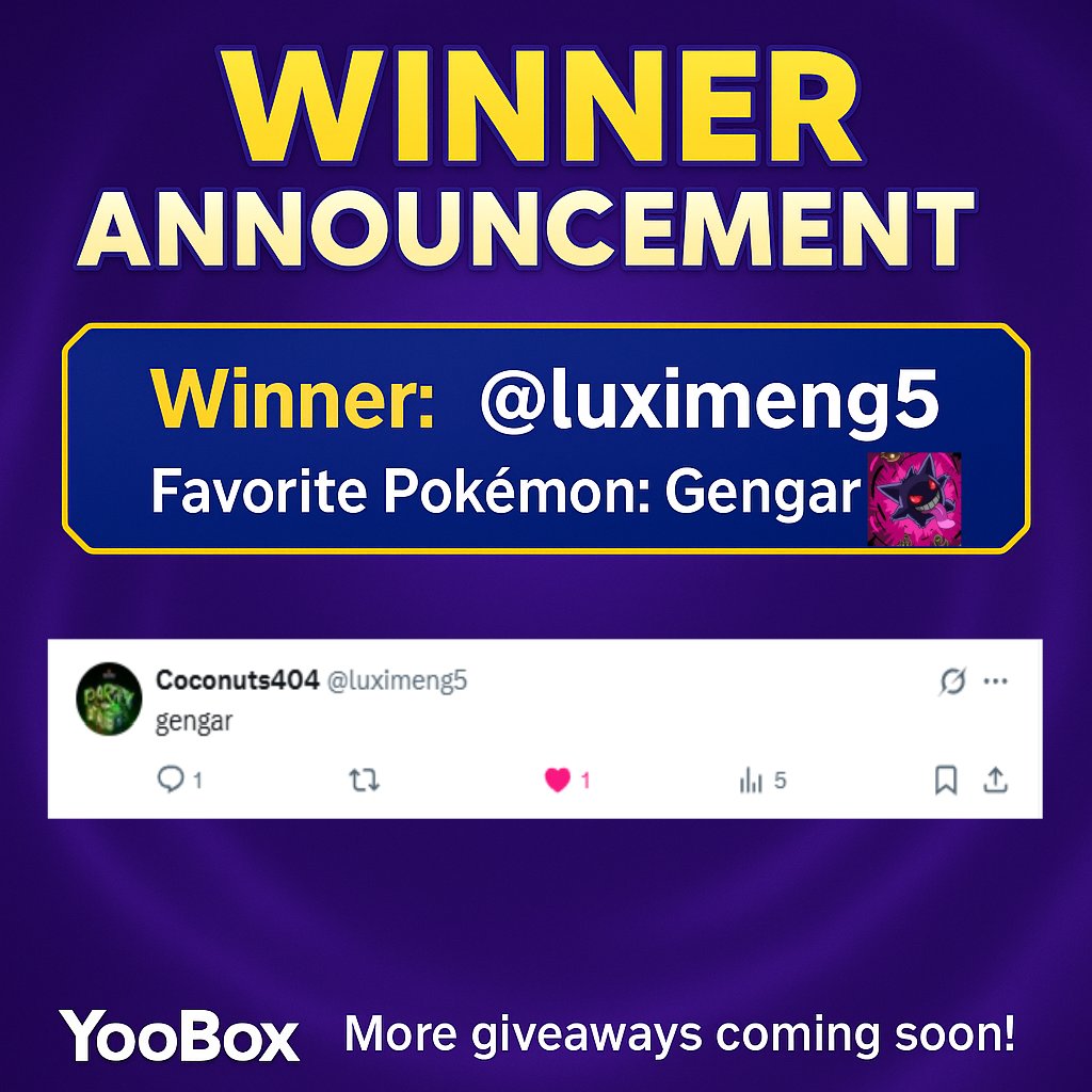 YooBoxGG's tweet photo. We have our lucky winner!
@luximeng5
The winner has 24 hours to contact YooBox Support to claim the reward.
More giveaways coming soon—stay tuned! ⚡
Make sure to follow us so you won’t miss the next giveaway and more exciting drops! ✨#YooBox #Giveway #Pokemon #PokemonTCGPocket
