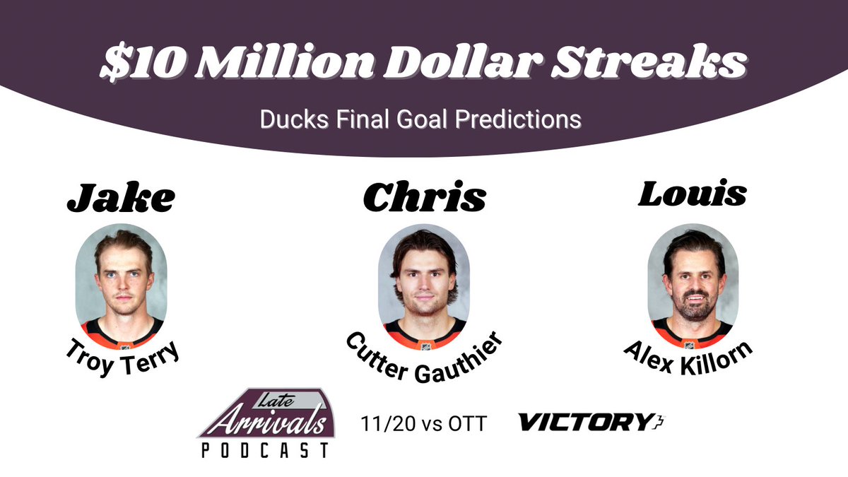 LateArrivalsPod's tweet image. Ducks vs Senators 🔜 

LAP Ducks Final Goal Predictions for tonight on the $10 Million Dollar Streaks game in the @victoryplustv app! 

Join us and start your streak now -&amp;gt; victoryplus.com/streaks