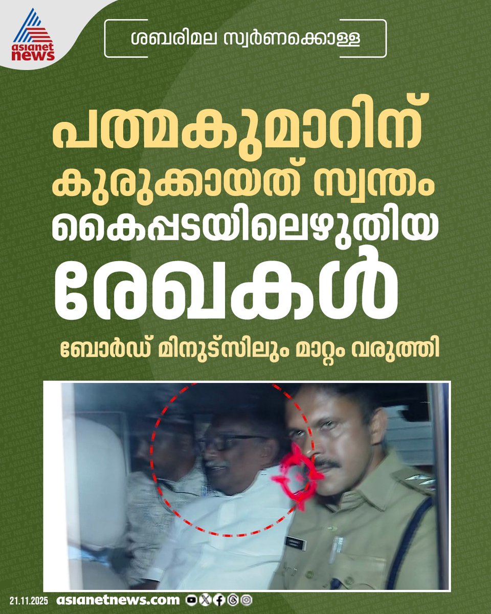 AsianetNewsML's tweet image. ഉണ്ണി കൃഷ്ണൻ പോറ്റിക്ക് പാളികൾ കൈമാറാനുള്ള നിർദേശം ദേവസ്വം ബോർഡിൽ ആദ്യം അവതരിപ്പിച്ചത് എ പത്‌മകുമാർ എന്നാണ് എസ്ഐടി കണ്ടെത്തൽ

🔗 tinyurl.com/44dn5yzy

#Sabarimala #SabarimalaGoldScam #Padmakumar